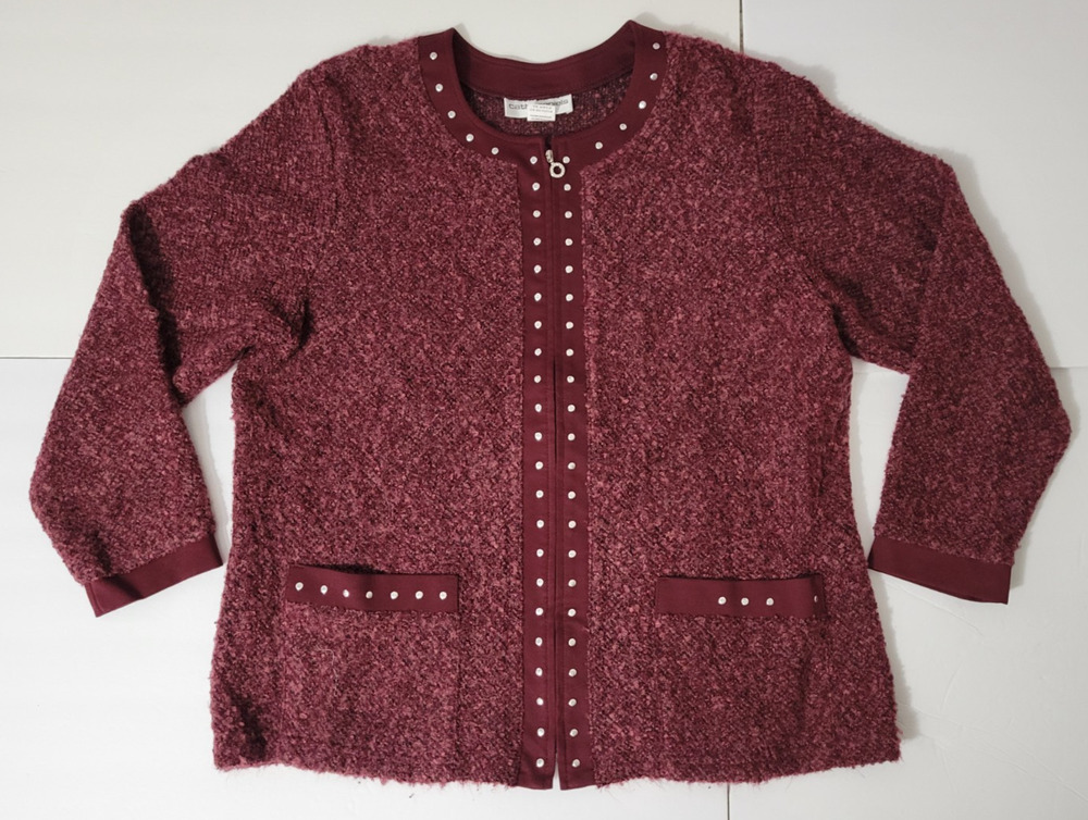 Cathy Daniels Womens XL Burgundy Boucle Studded Zip Front Cardigan Jacket